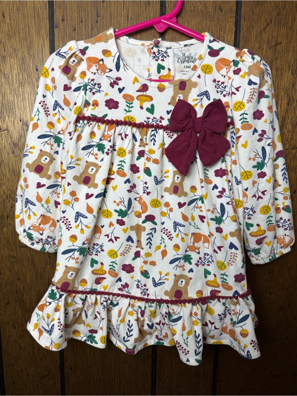 Baby Essentials Dress with Multicolored Forest Animal Print with Maroon Bow